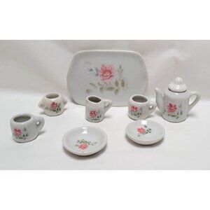 Vintage 9 Piece Miniature Dollhouse Porcelain Tea Set Pink Rose Floral Design